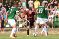 Na snímke zľava hráč Skalice Roman Konečný, hráč Trnavy Lukáš Greššák a hráči Skalice Pavol Majerník, Mário Kurák