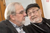 Marián Slovák a Leopold Haverl počas prezentácie televízneho seriálu TV JOJ s názvom "Divoké kone" v Bratislave 11. decembra 2014.