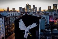 Nástenná maľba zobrazujúca holubicu mieru s ratolesťou vo farbách ukrajinskej vlajky od umelca Justusa Beckera na stene domu v nemeckom Frankfurte nad Mohanom.