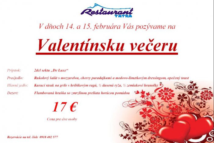 Ilustračný obrázok k článku Restaurant Tatra pozýva na Valentínsku večeru