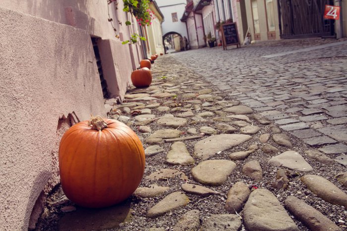 Ilustračný obrázok k článku Hrnčiarska ulička v jesenných farbách OBRAZOM: Zdobia ju desiatky tekvíc