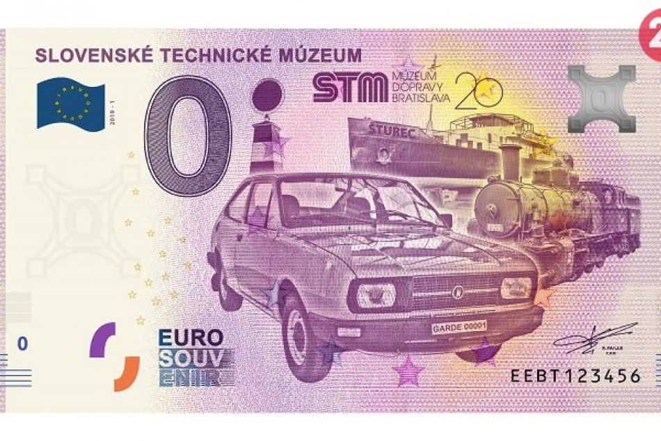 Ilustračný obrázok k článku Do Bratislavy mieri 0 Euro Souvenir bankovka s motívom prvého osobného automobilu ŠKODA
