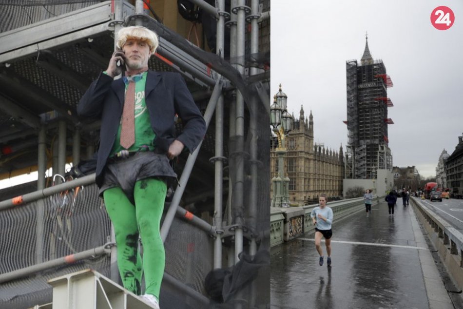 Ilustračný obrázok k článku Klimatický aktivista vyliezol na Big Ben: Prezliekol sa za Borisa Johnsona, FOTO