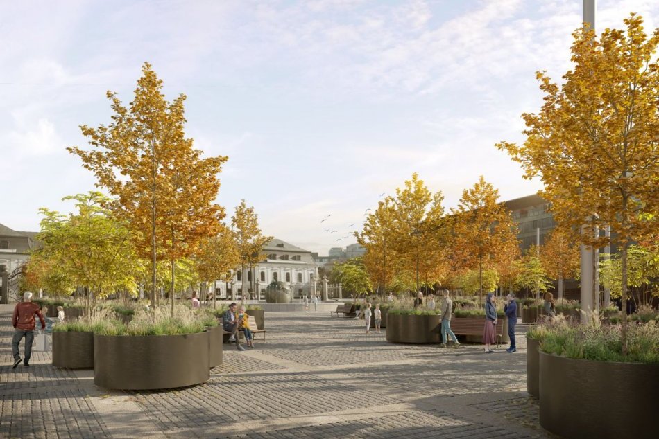Ilustračný obrázok k článku VIZUALIZÁCIE: Hodžovo námestie bude plné stromov, pribudnú aj lavičky