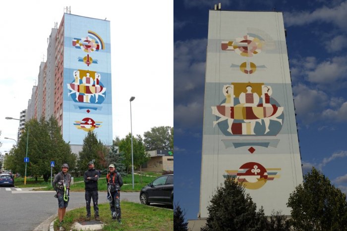 Ilustračný obrázok k článku Všimli ste si to aj vy? V Petržalke obnovili ďalšiu MONUMENTÁLNU maľbu na fasáde