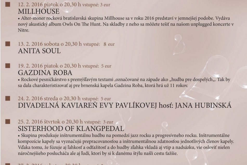 Anita Soul, MARCO PILLO BAND či Gazdina Roba : Februárová kultúra na Chrenovej v