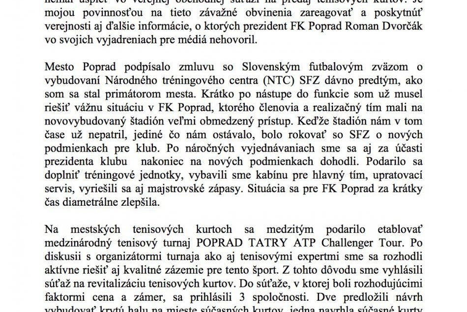 Stanovisko primátora k vyjadreniam vedenia FK Poprad
