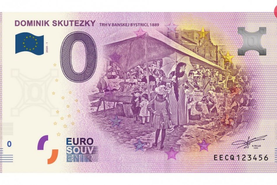 Euro Souvenir bankovka s najznámejším Skuteckého dielom Trh v Banskej Bystrici