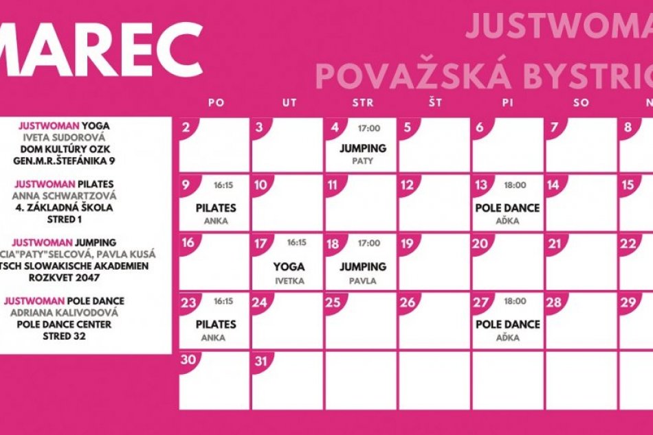 Rozpis cvičení v Považskej Bystrici na marec 2020