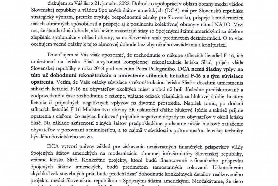 List od ministra obrany SR Jaroslava Naďa