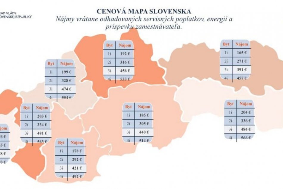 Štátne nájomné bývanie - Cenová mapa Slovenska