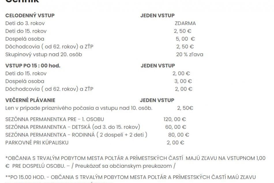 Cenník Mestského kúpaliska v Poltári