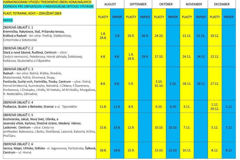 Harmonogram vývozu triedeného zberu komnálneho odpadu
