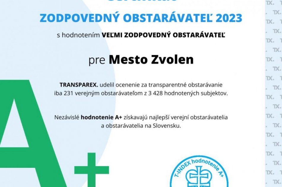 Mesto Zvolen sa stalo jedným z najtransparentnejších verejných obstarávateľov