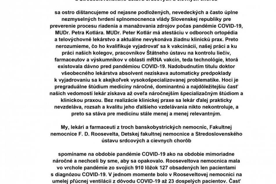 Vyjadrenie nesúhlasu 361 lekárov a farmaceutov banskobystrických nemocníc
