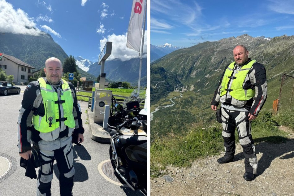 Huliak brázdi Švajčiarsko v sedle motorky